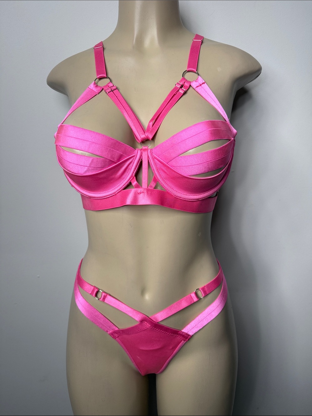 Strappy Satin Harness Bra & Thong Set - Hot Pink